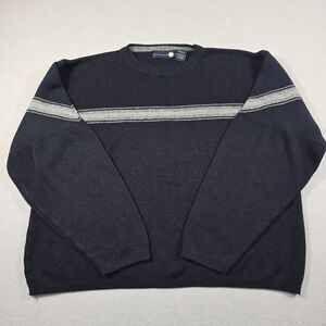 X9 Men's Large Navy Blue Crewneck Pullover Knit Sweater Gray/ White Stripes